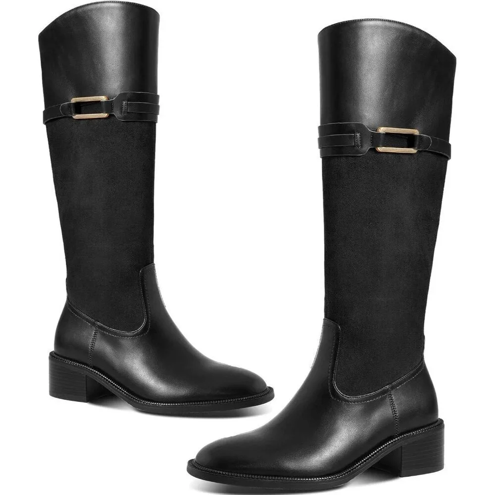 Women's Black Round Toe Chunky Block Heel Zipper Buckle Riding Knee High Boots